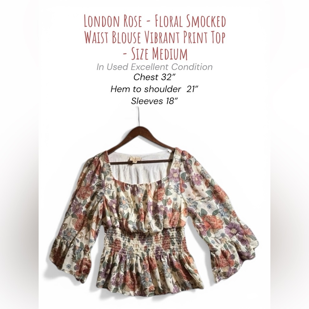 London Rose Floral Smocked Waist Blouse Vibrant Print Top Size Medium